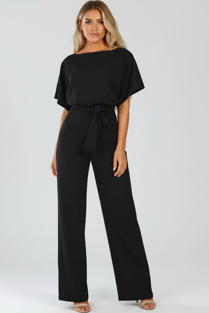 Women's Wide Leg Jumpsuit with Tie Belt