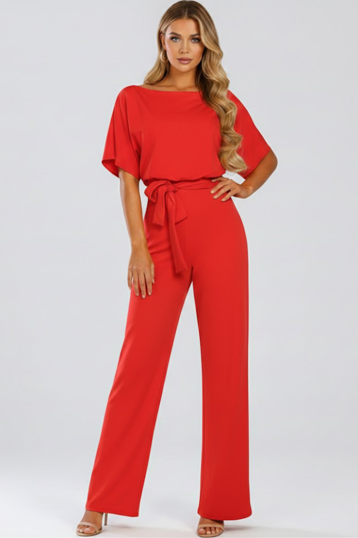 Women's Wide Leg Jumpsuit with Tie Belt