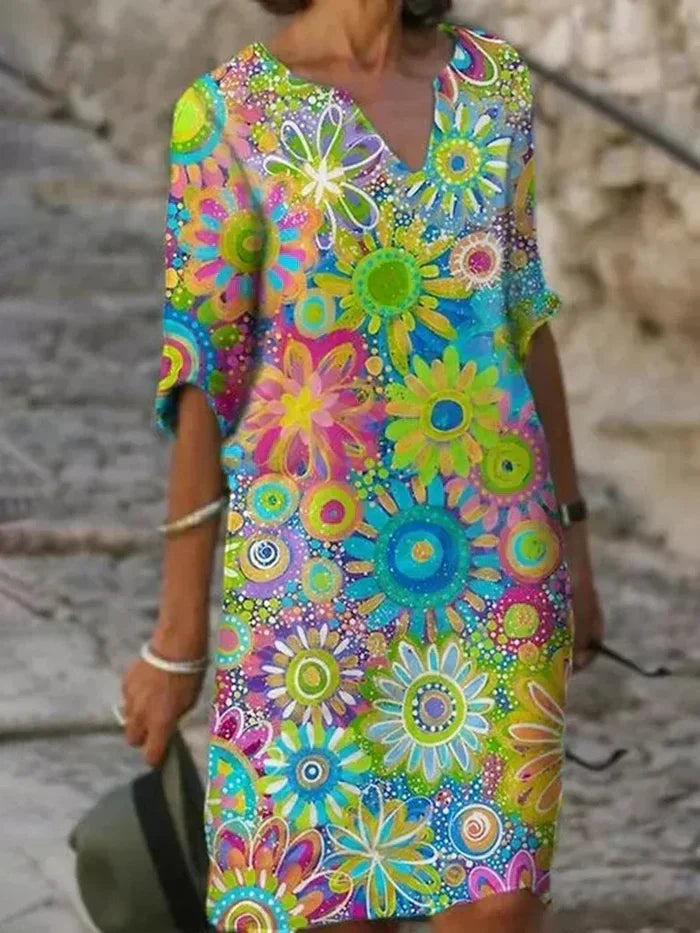 Women's Floral Print Dress with V-Neck