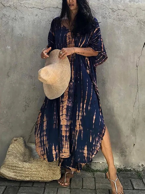 Women's Tie Dye Maxi Dress with V-Neck