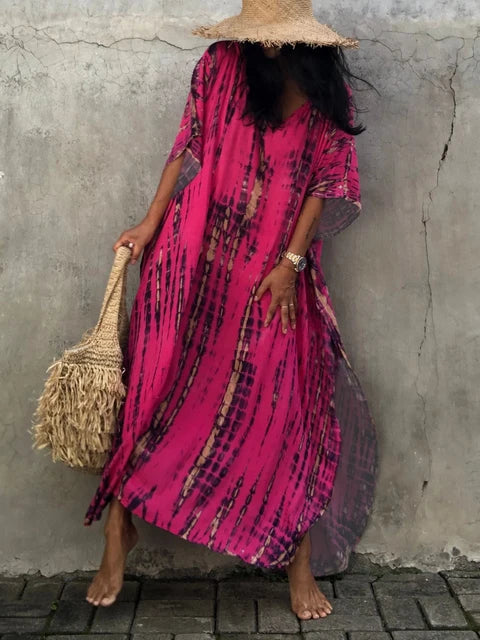 Women's Tie Dye Maxi Dress with V-Neck