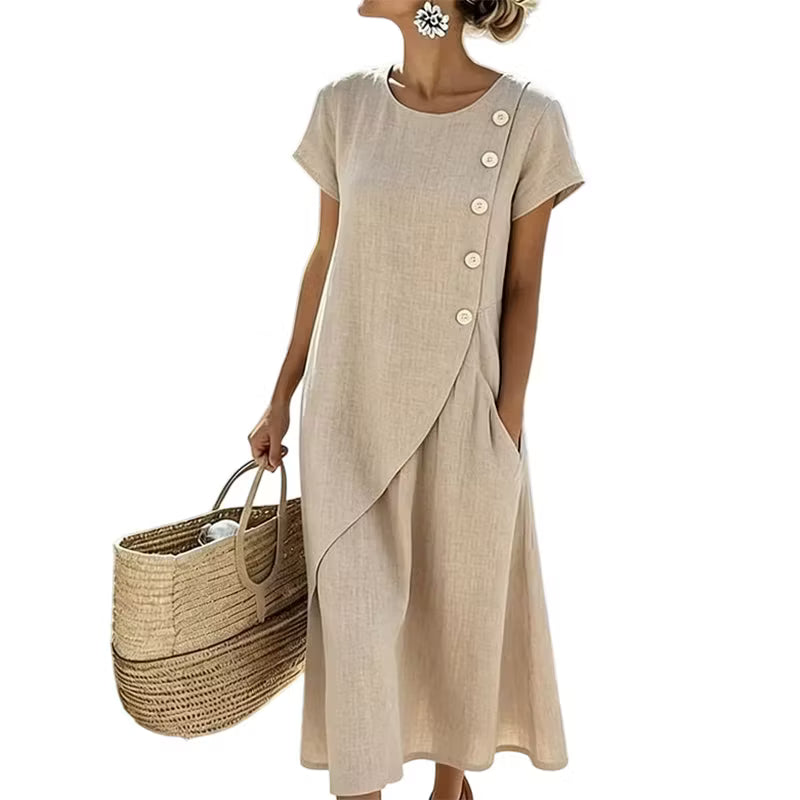 Women's Round Neck Midi Dress with Button Detail