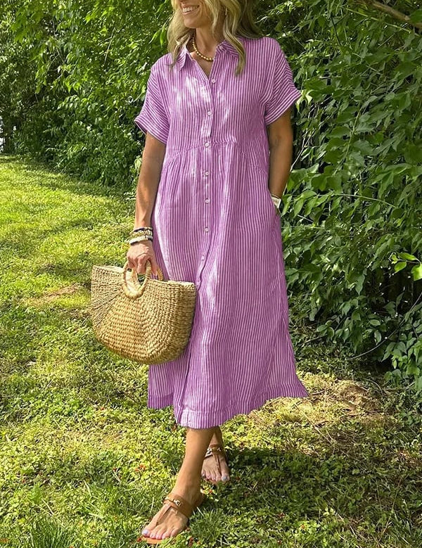 Women's Striped Shirt Dress with Gathered Waist