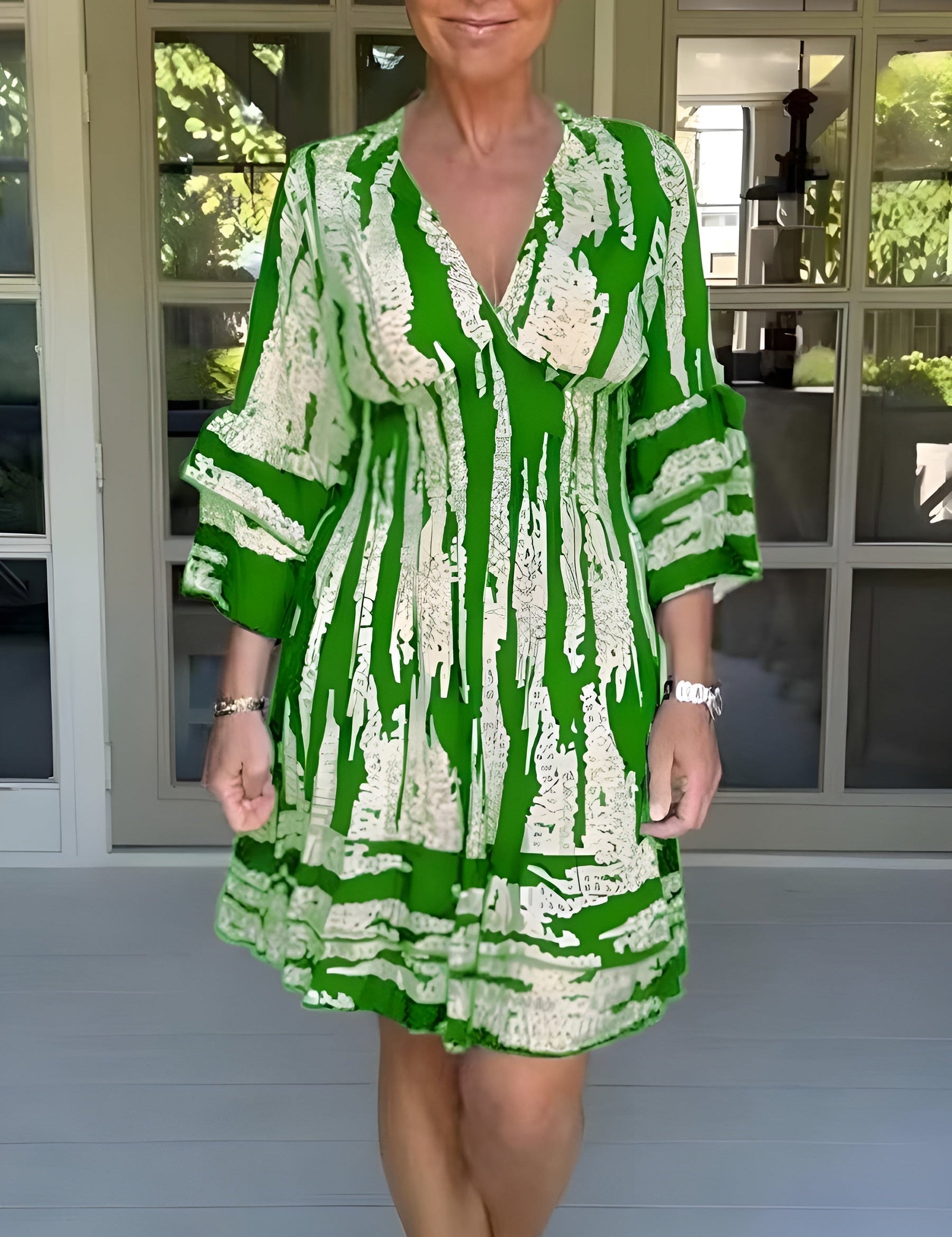Women's V-Neck Printed Flared Summer Dress