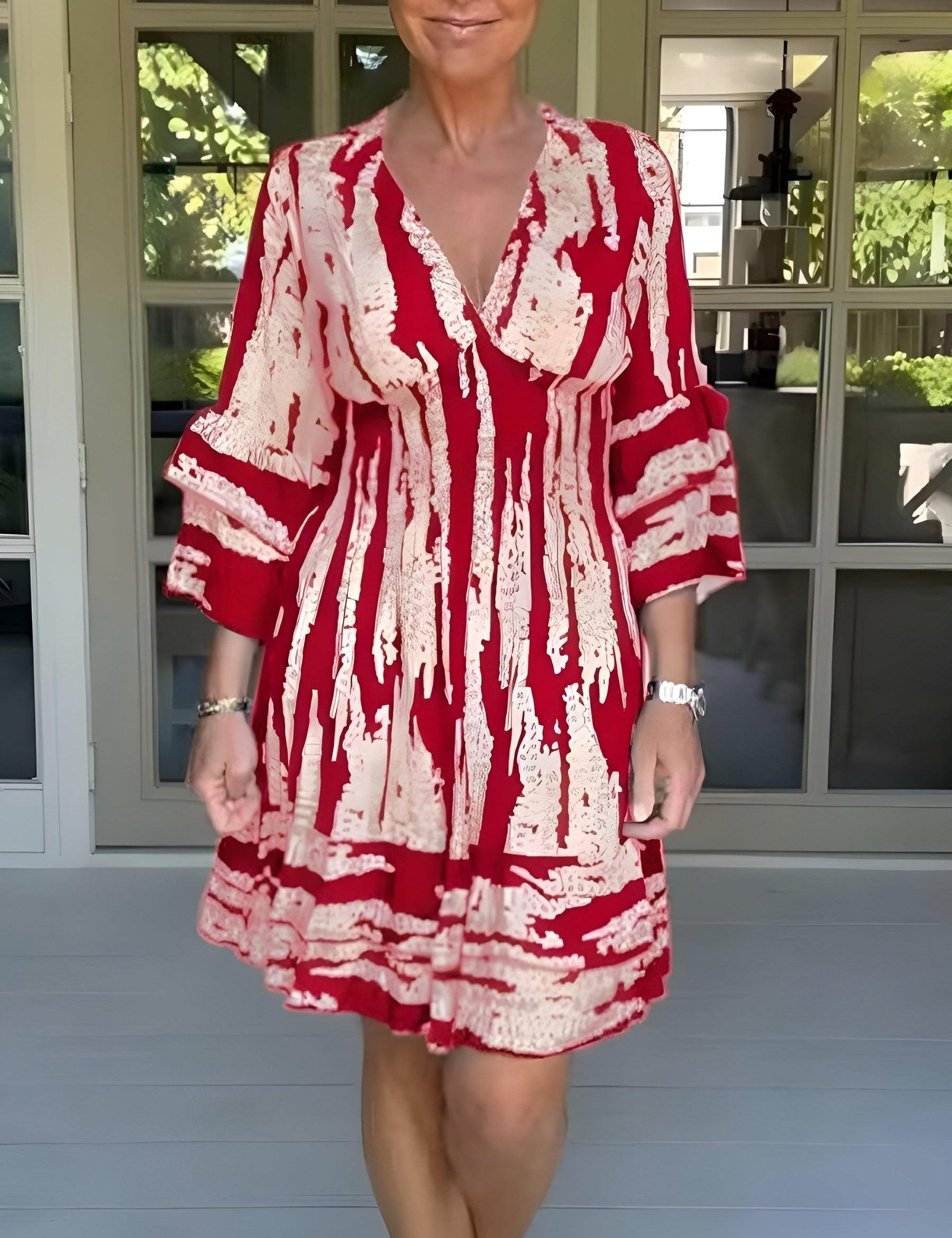 Women's V-Neck Printed Flared Summer Dress