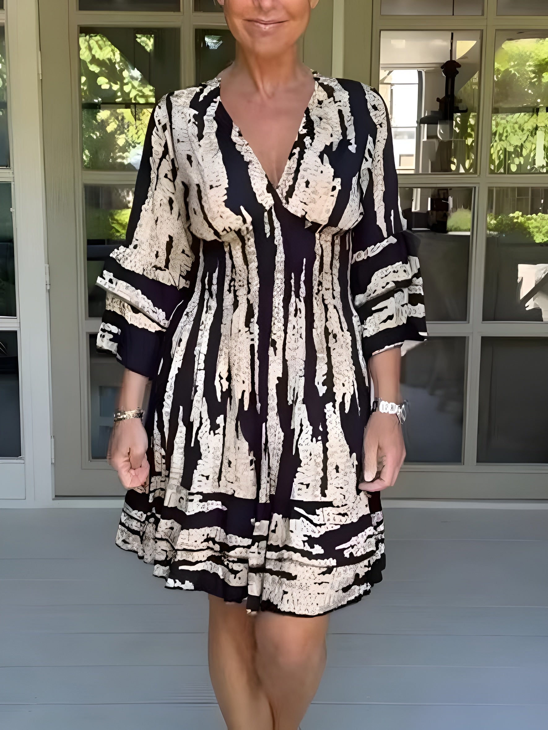 Women's V-Neck Printed Flared Summer Dress