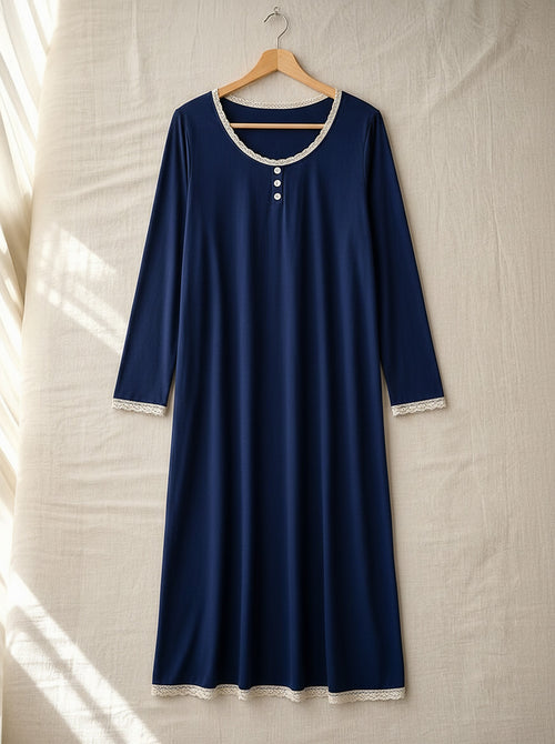 Araminta soft long sleeve nightie, front view on a wooden hanger, Cedar Atelier