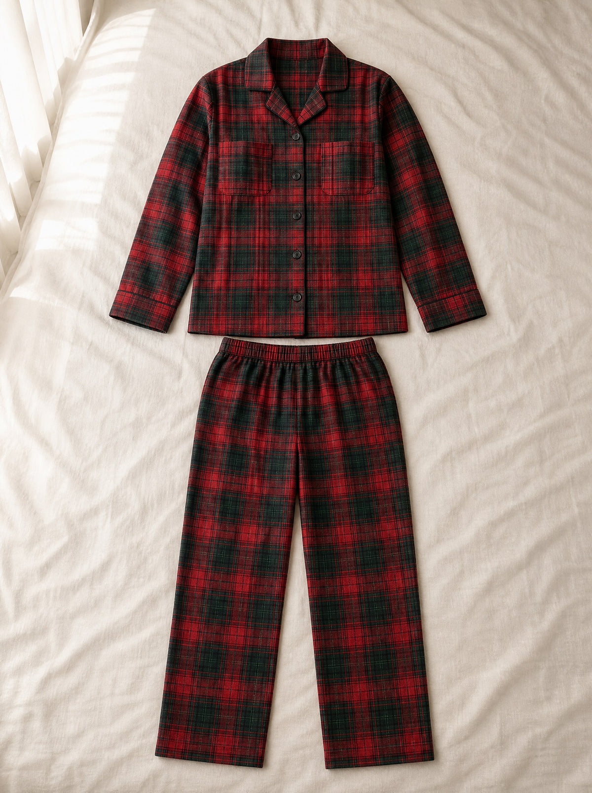 Beatrice soft flannel pyjamas, flat lay of the full set, Cedar Atelier