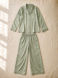 Henrietta satin pyjamas, flat lay of the full set, Cedar Atelier