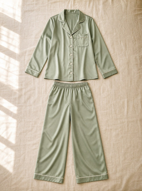Henrietta satin pyjamas, flat lay of the full set, Cedar Atelier