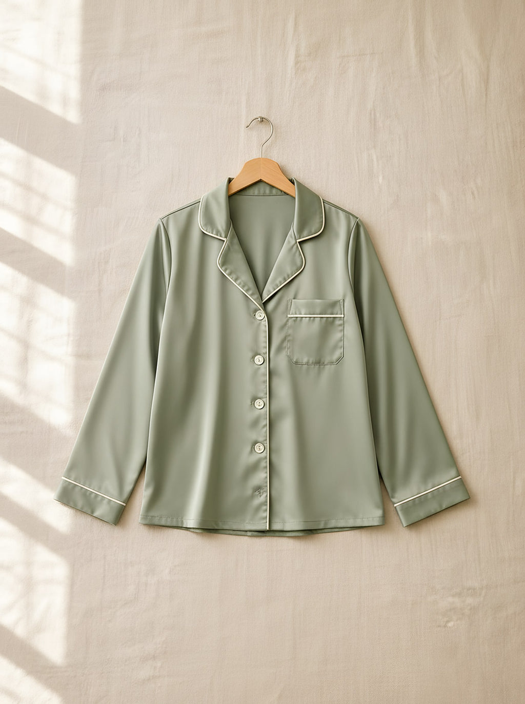 Henrietta satin pyjamas, front view on a wooden hanger, Cedar Atelier