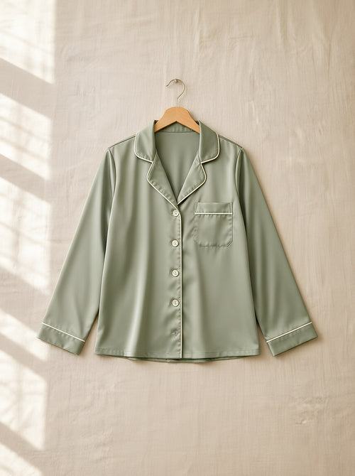 Henrietta satin pyjamas, front view on a wooden hanger, Cedar Atelier