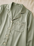 Henrietta satin pyjamas, close-up detail, Cedar Atelier