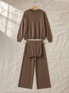 Margot soft knit lounge set, front view on a wooden hanger, Cedar Atelier