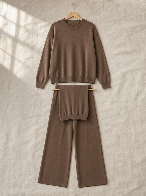 Margot soft knit lounge set, front view on a wooden hanger, Cedar Atelier