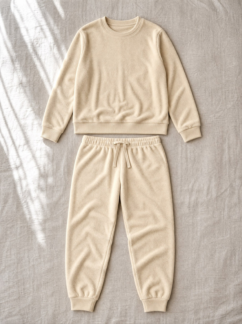 Marigold warm fleece pyjamas, flat lay of the full set, Cedar Atelier