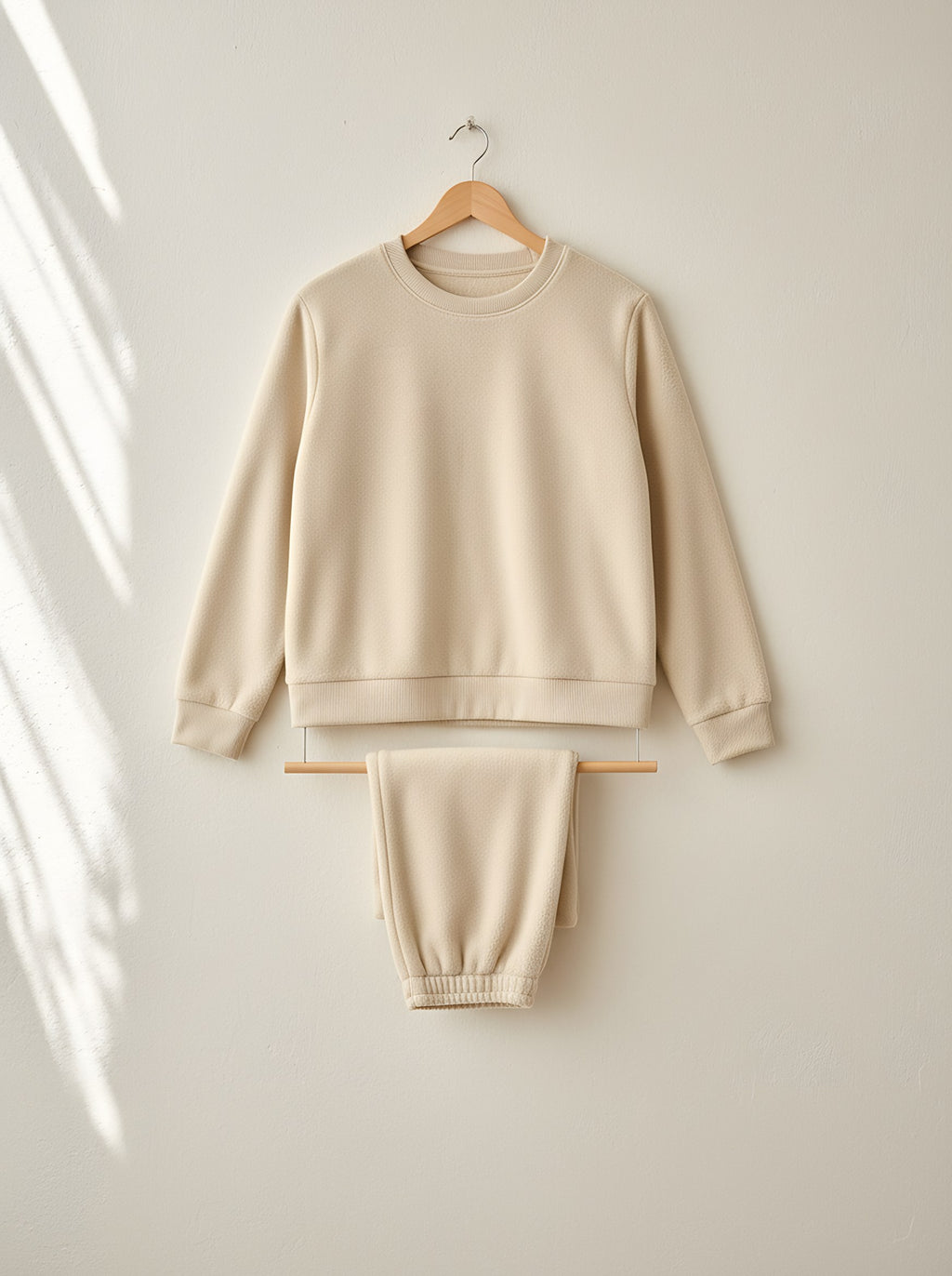 Marigold warm fleece pyjamas, front view on a wooden hanger, Cedar Atelier
