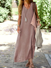 Women's Sleeveless Midi Dress with V-Neck