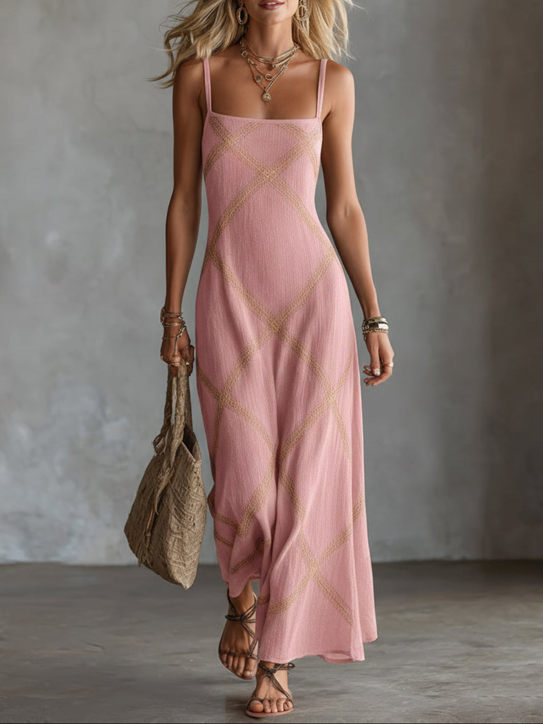 Women's Cross-Hatch Maxi Dress with Spaghetti Straps