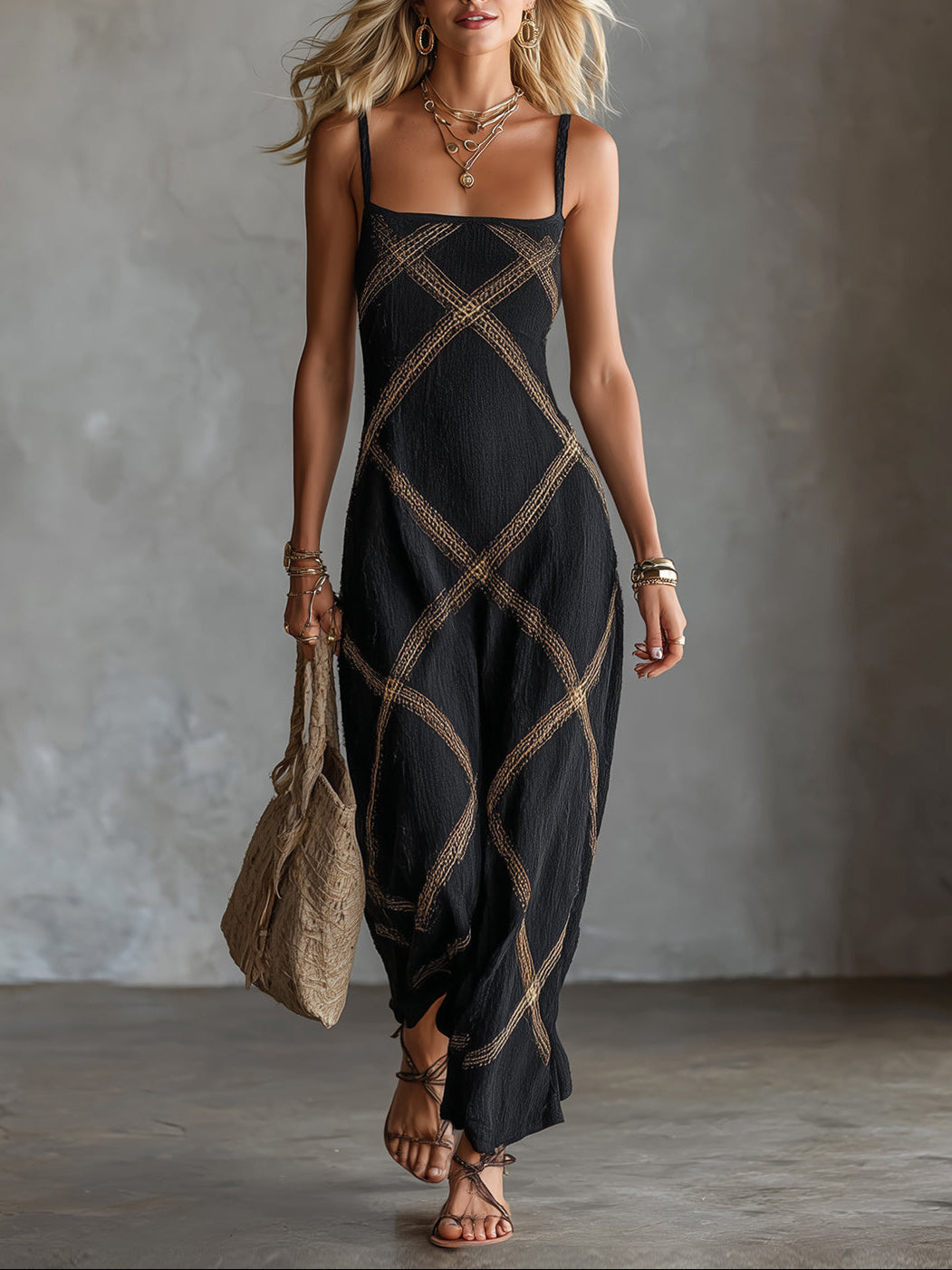 Women's Cross-Hatch Maxi Dress with Spaghetti Straps