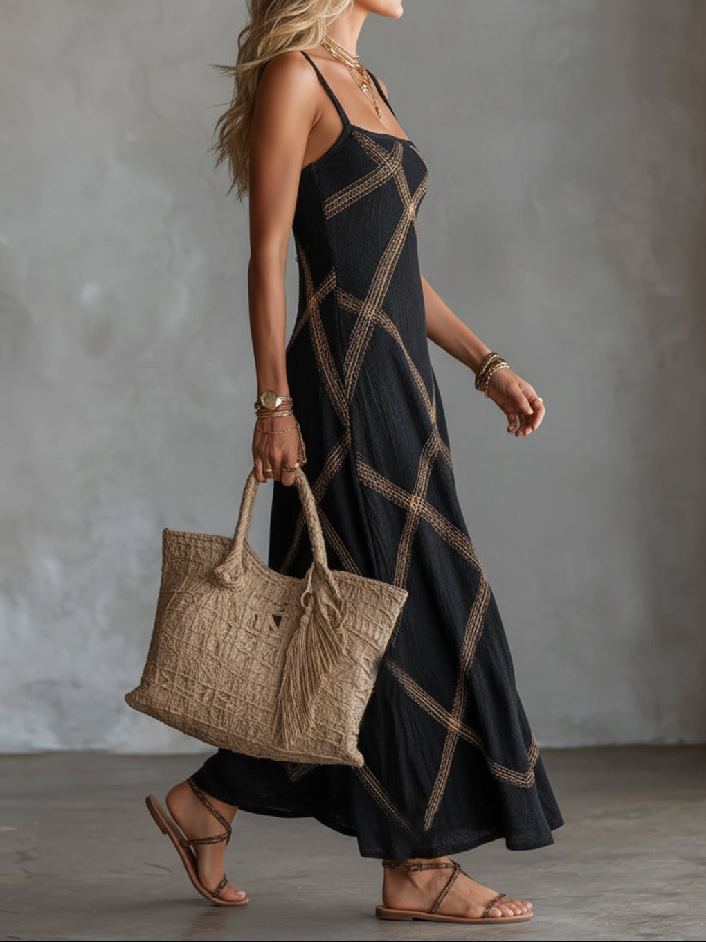 Women's Cross-Hatch Maxi Dress with Spaghetti Straps
