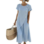 Women's Round Neck Midi Dress with Button Detail