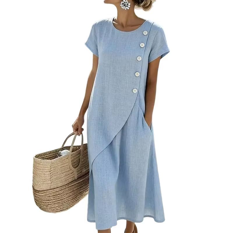 Women's Round Neck Midi Dress with Button Detail