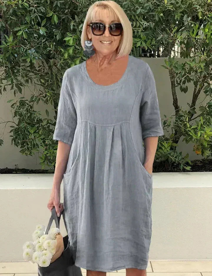 Women's Linen Midi Dress with Deep Pockets