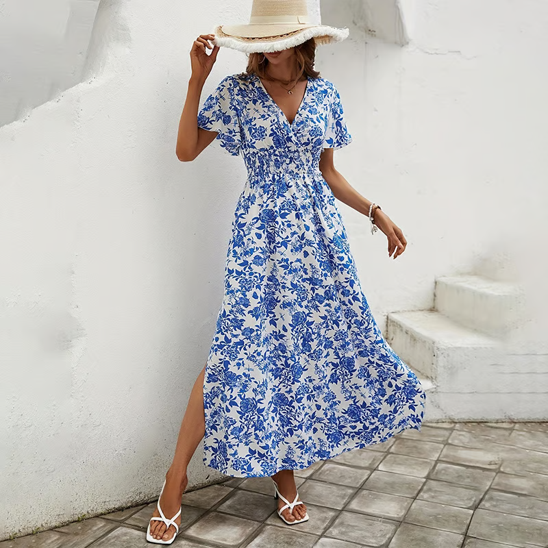 Women's Floral V-Neck Maxi Dress with Side Slit