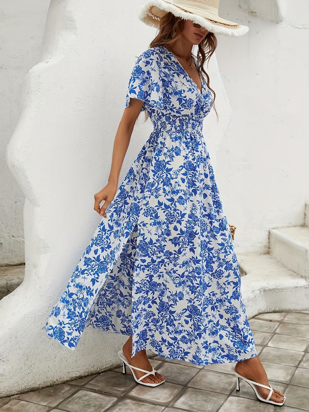 Women's Floral V-Neck Maxi Dress with Side Slit