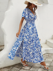 Women's Floral V-Neck Maxi Dress with Side Slit