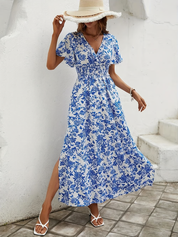 Women's Floral V-Neck Maxi Dress with Side Slit
