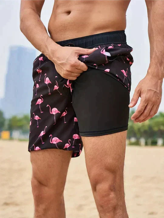 Men's Tropical Print Swim Shorts with Drawstring