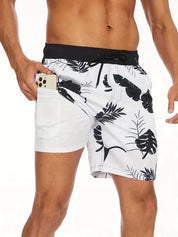 Men's Tropical Print Swim Shorts with Drawstring