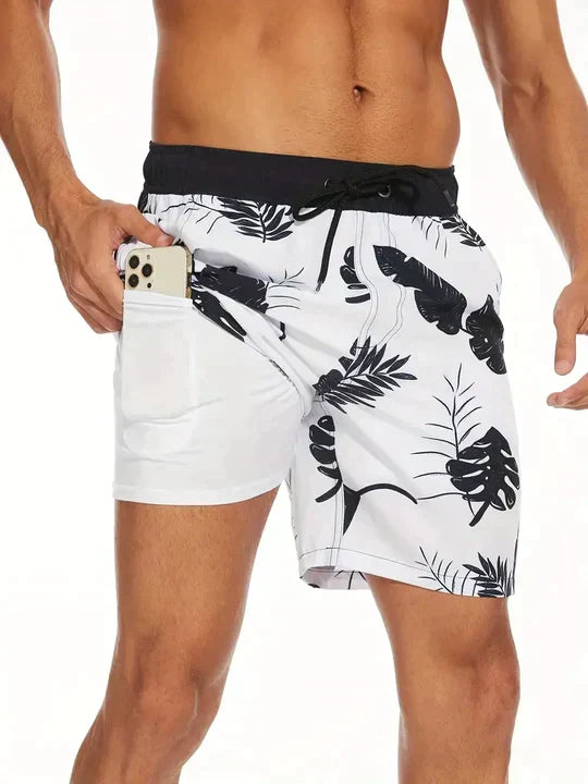 Men's Tropical Print Swim Shorts with Drawstring