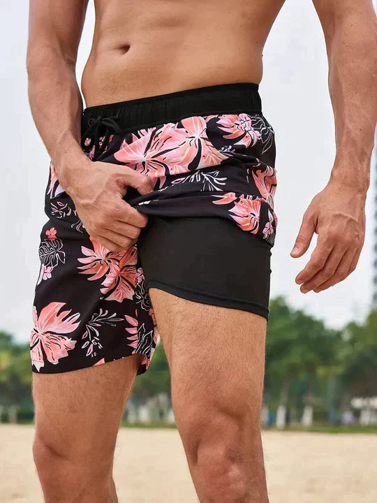 Men's Tropical Print Swim Shorts with Drawstring