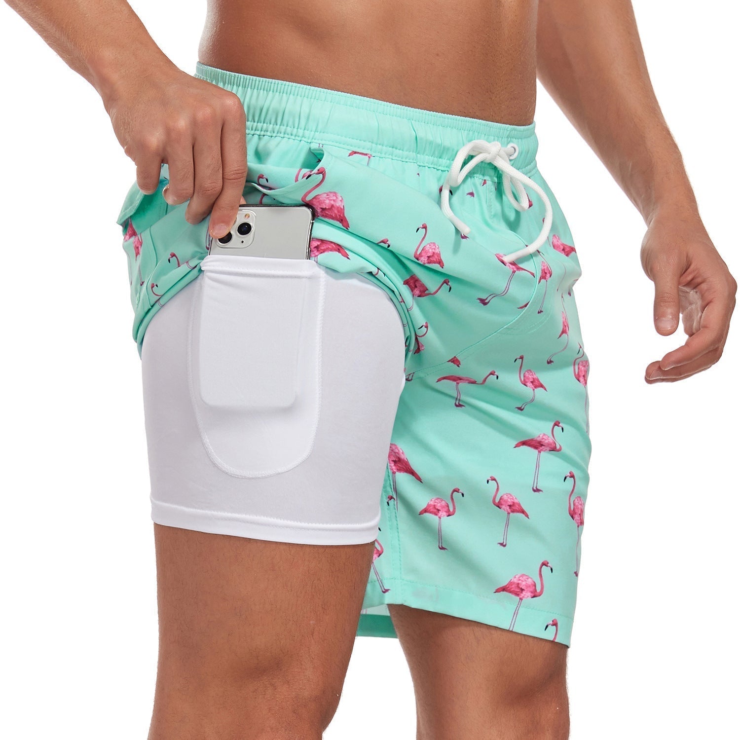 Men's Tropical Print Swim Shorts with Drawstring