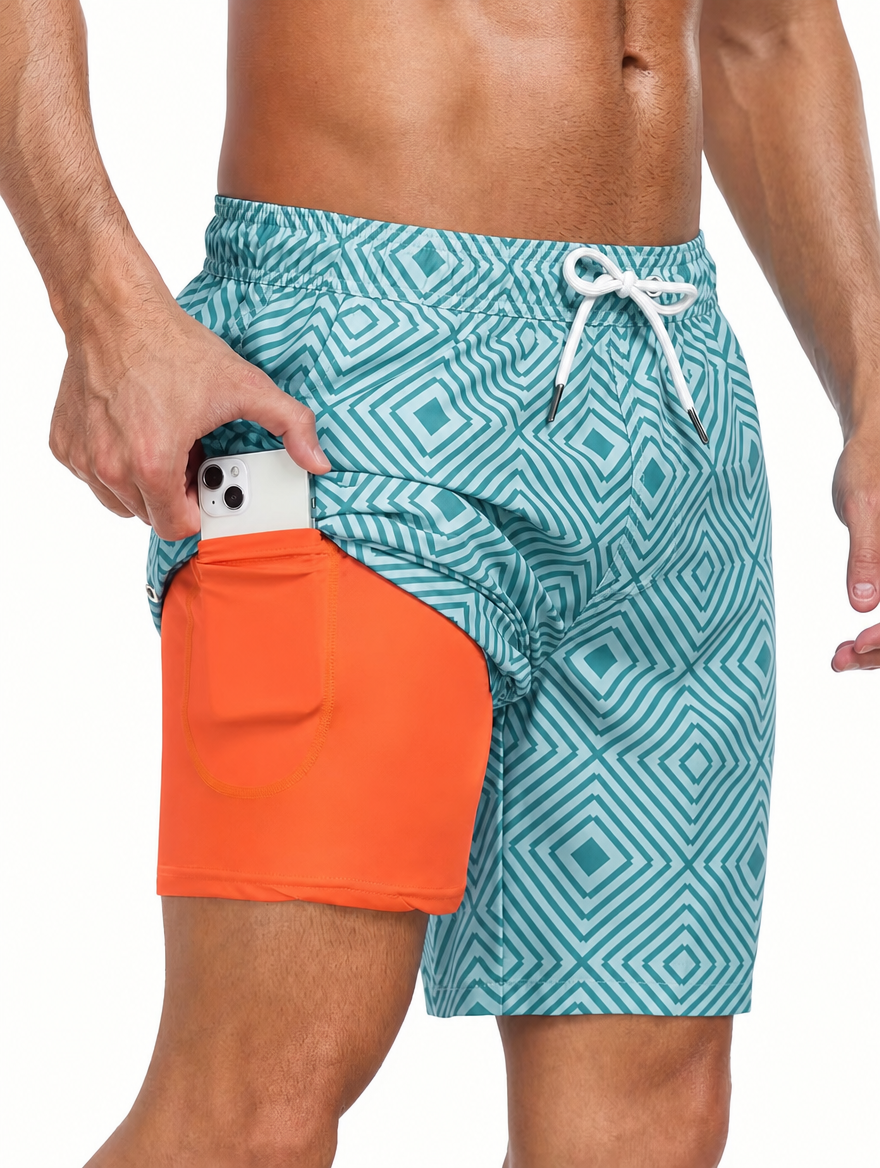 Men's Tropical Print Swim Shorts with Drawstring