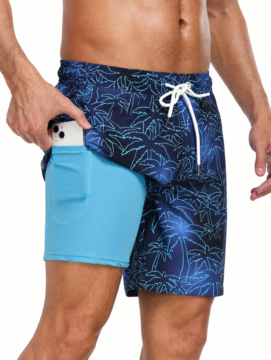Men's Tropical Print Swim Shorts with Drawstring