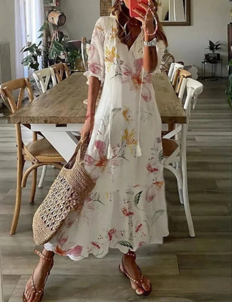 Women's Printed V-Neck Boho Maxi Dress