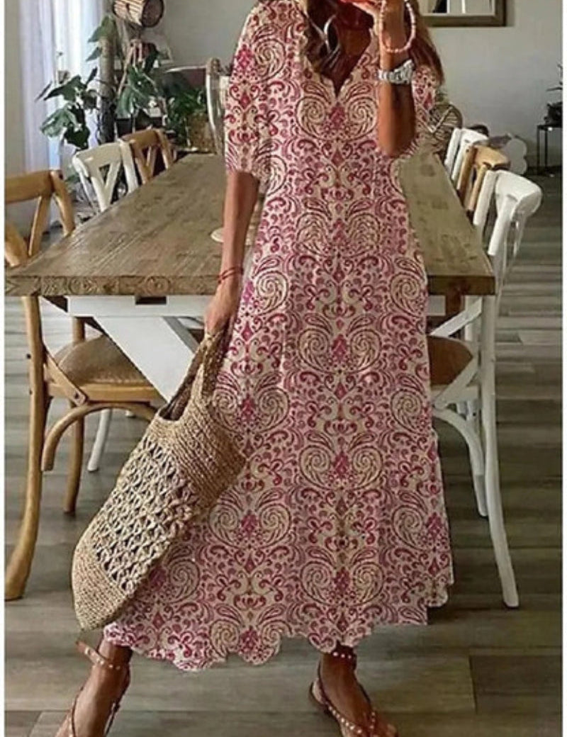 Women's Printed V-Neck Boho Maxi Dress