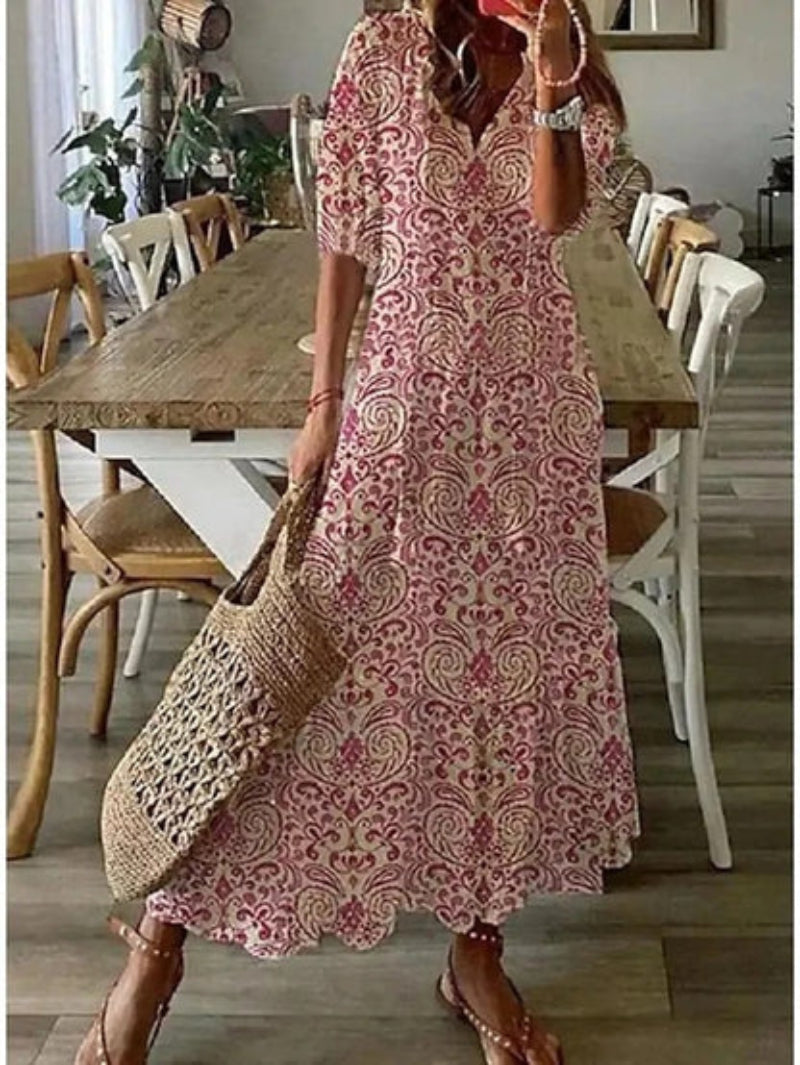 Women's Printed V-Neck Boho Maxi Dress