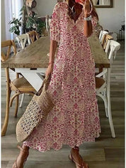 Women's Printed V-Neck Boho Maxi Dress