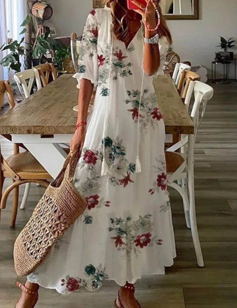 Women's Printed V-Neck Boho Maxi Dress