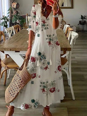 Women's Printed V-Neck Boho Maxi Dress