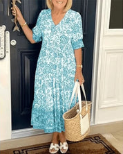 Women's Floral Tiered Midi Dress with V-Neck