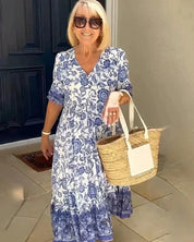 Women's Floral Tiered Midi Dress with V-Neck