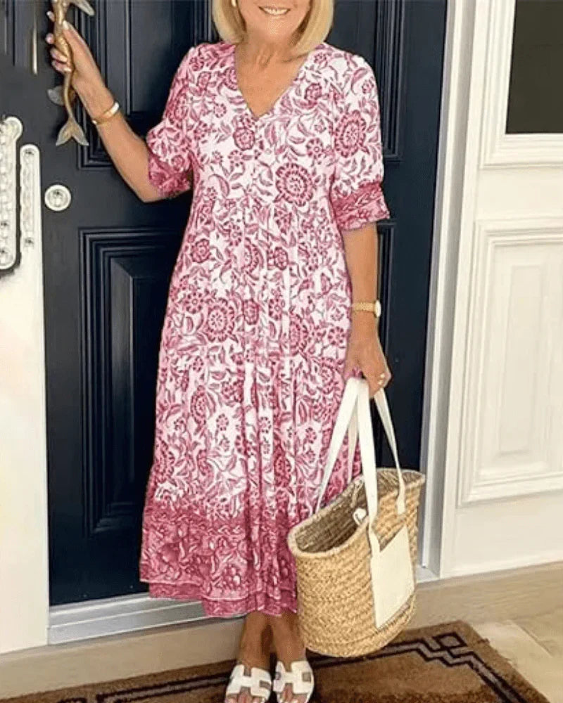 Women's Floral Tiered Midi Dress with V-Neck