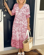 Women's Floral Tiered Midi Dress with V-Neck
