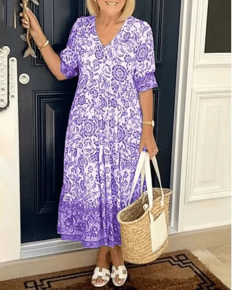 Women's Floral Tiered Midi Dress with V-Neck